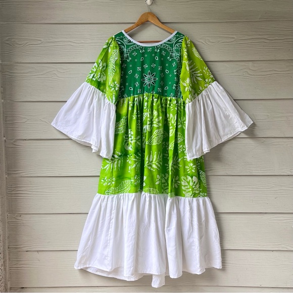 Handmade Wide Sleeves Maxi Bandana Dress SKU 11091 Green White - Picture 4 of 16